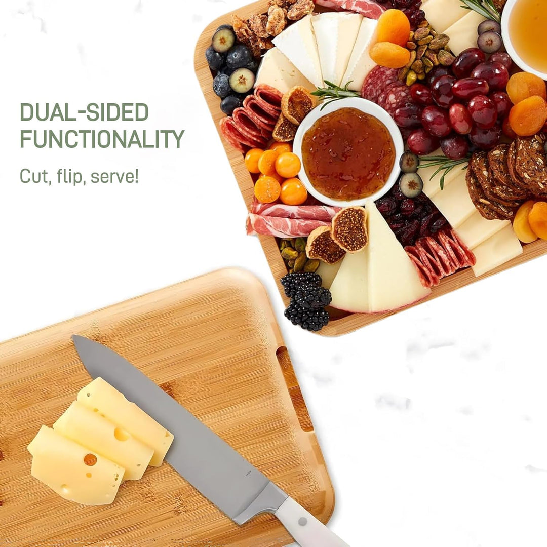 Durable bamboo charcuterie board and serving tray with a transparent locking lid for fresh food storage and transport