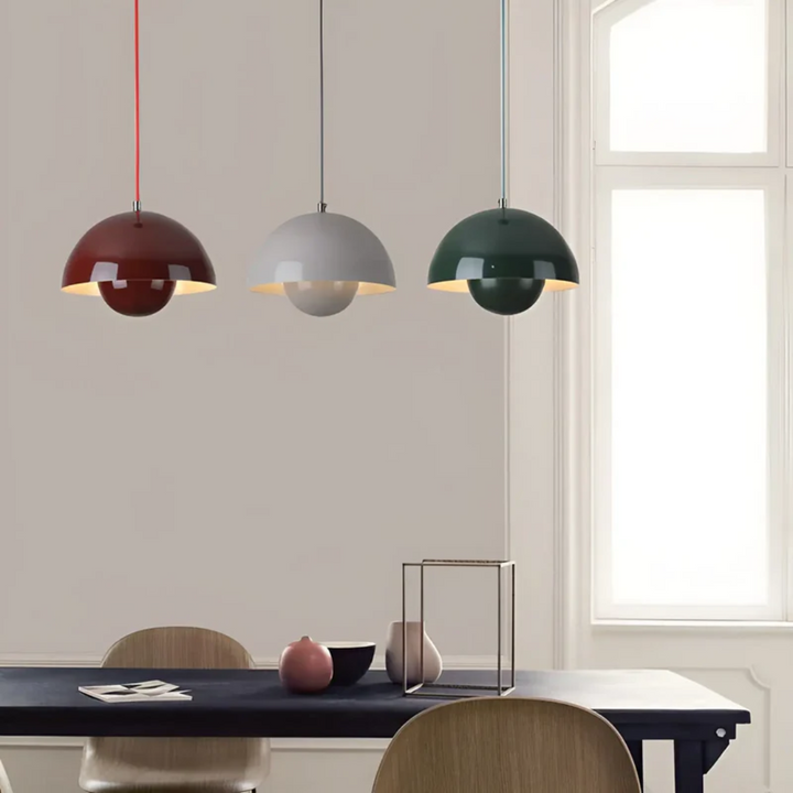 Scandinavian LED pendant lamp, modern floral lighting, white petals, minimalist design
