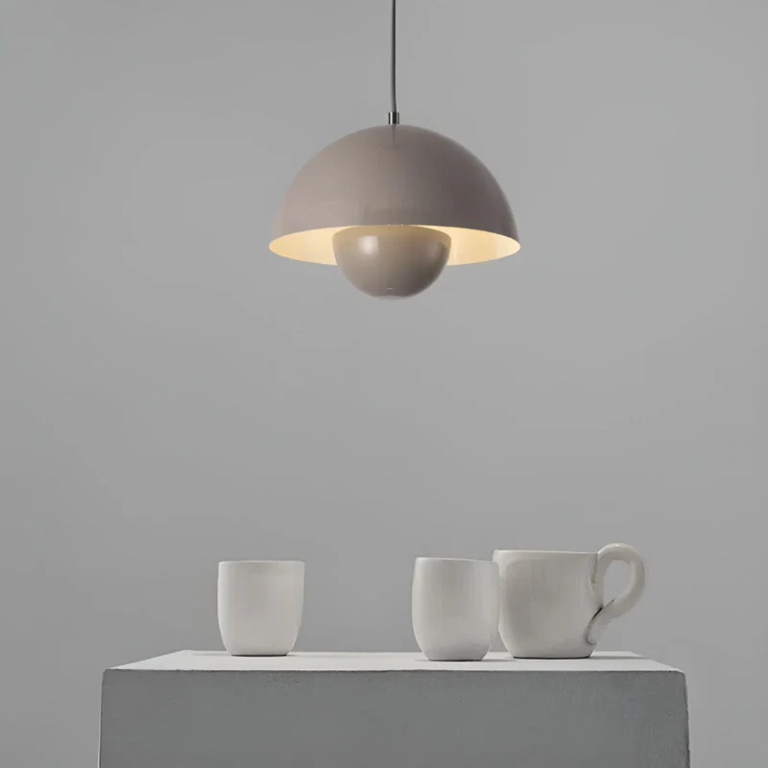 LED pendant light fixture, inspired by Scandinavian nature, white petals, modern home accessory