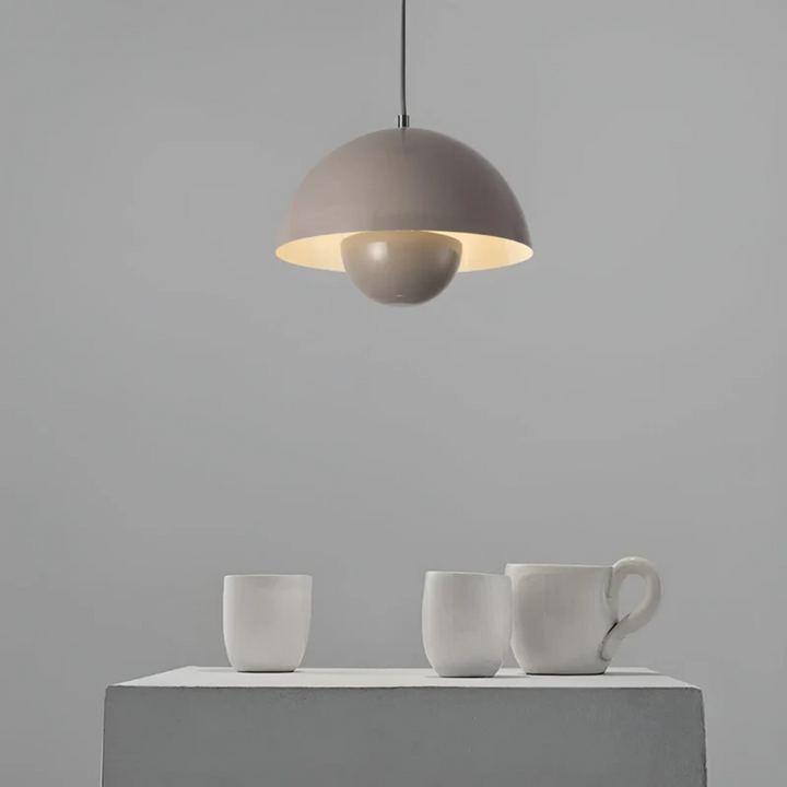 LED pendant light fixture, inspired by Scandinavian nature, white petals, modern home accessory