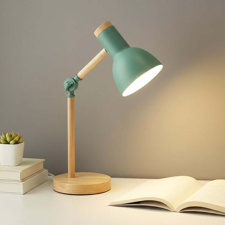 Scandinavian table lamp with natural wood & sleek metal shade. Modern desk or bedside lighting by Lumibrook.