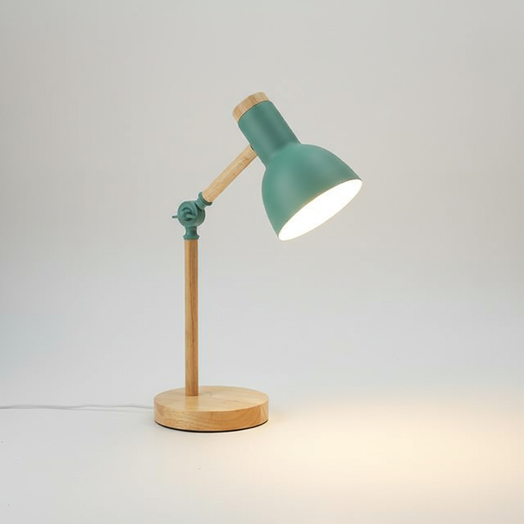 Adjustable Scandinavian wood & metal table lamp, ideal for modern desk tasks or as a stylish bedside accent.