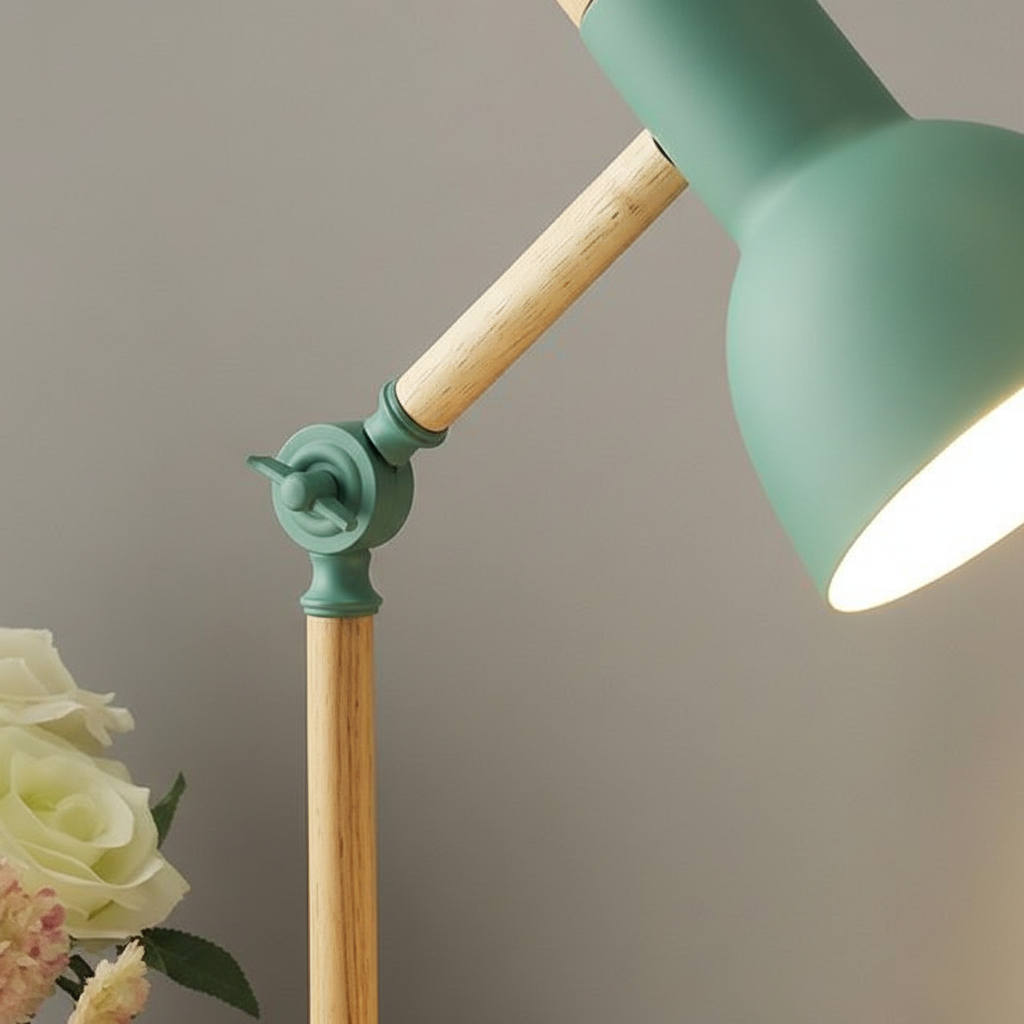 Stylish Scandinavian desk lamp featuring a unique wood & metal shade for contemporary home decor. Lumibrook design.