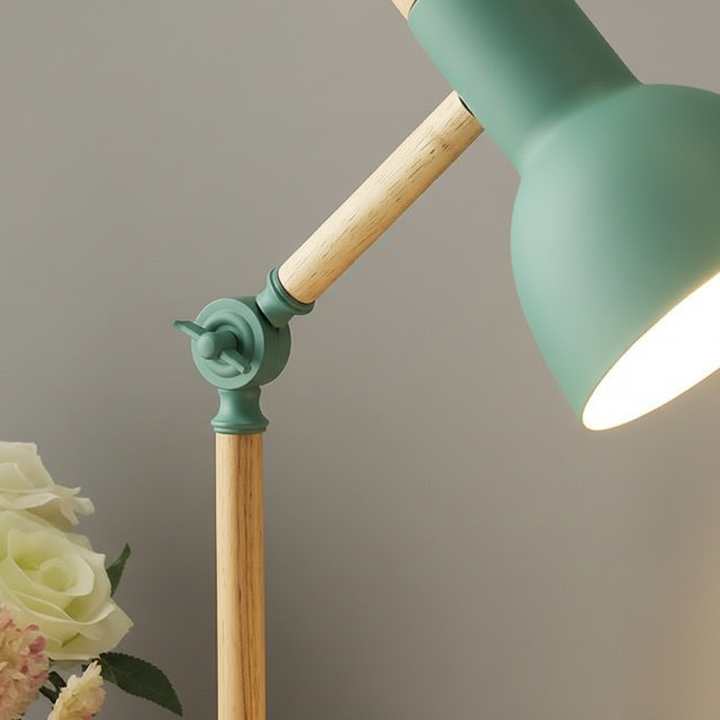 Stylish Scandinavian desk lamp featuring a unique wood & metal shade for contemporary home decor. Lumibrook design.