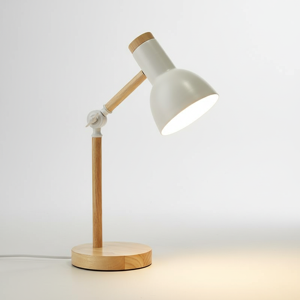 Modern Lumibrook Scandinavian table lamp. Wood & metal shade, enhancing any home decor, desk, or living space.
