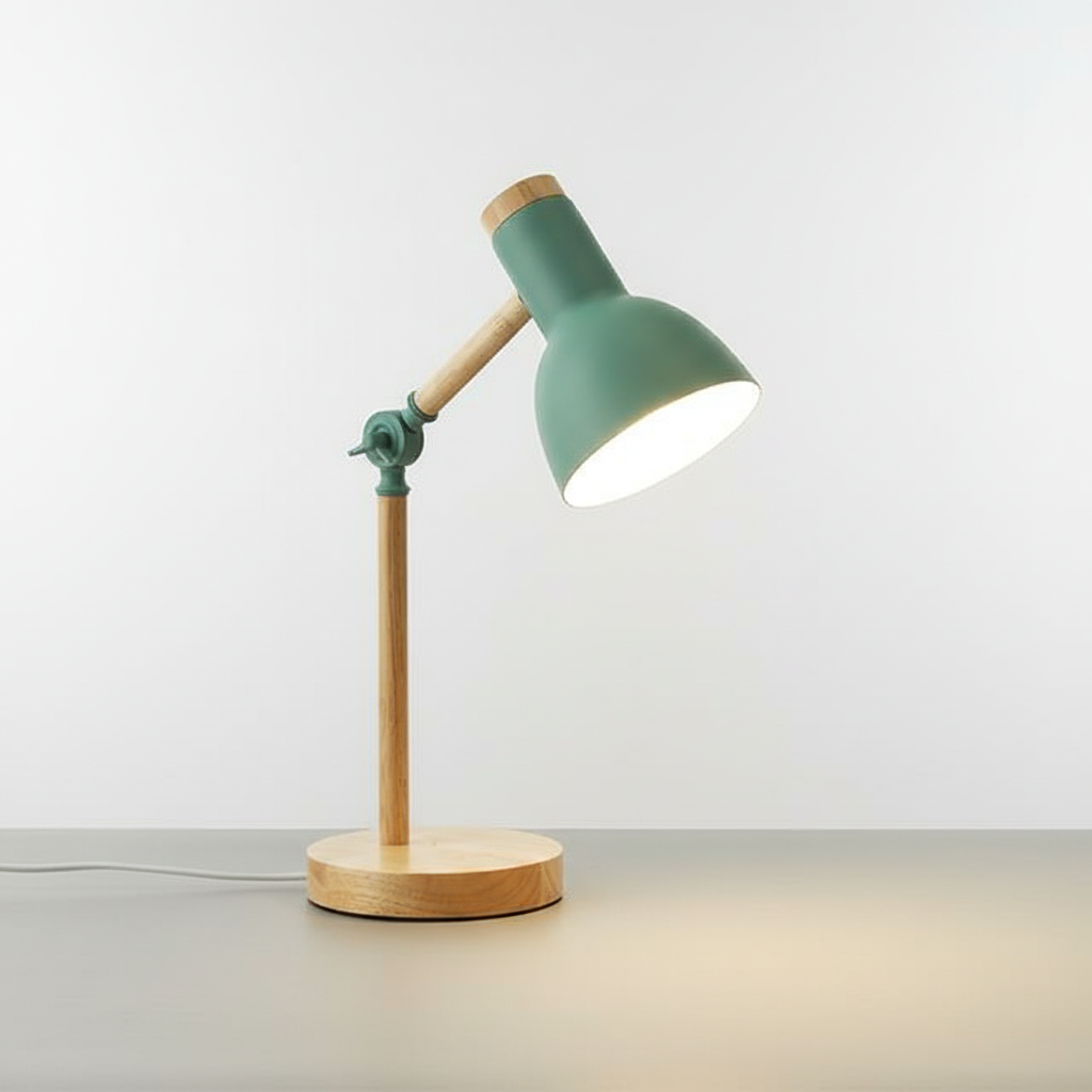 Minimalist Scandinavian table lamp. Wood & metal design, excellent as a functional desk lamp or cozy bedside accent.