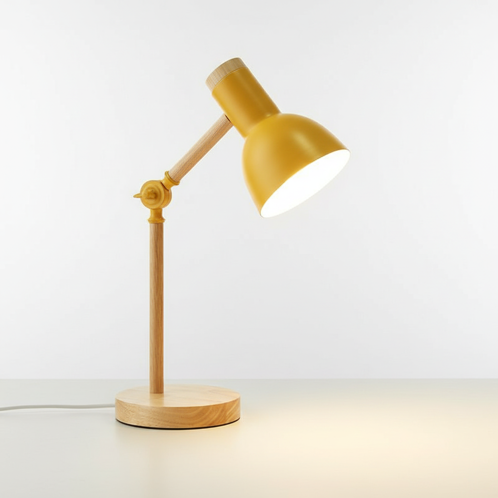 Contemporary Scandinavian table lamp. Features elegant wood & metal shade, perfect for modern home or office lighting.