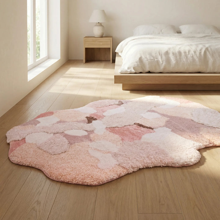 Sculpted pastel floral area rug with wave patterns, perfect for modern living room or cozy bedroom decor.