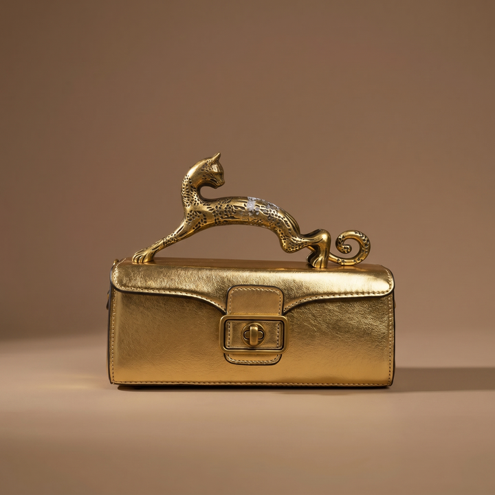 High-fashion women's leopard leather handbag, a luxurious sculptural statement accessory.
