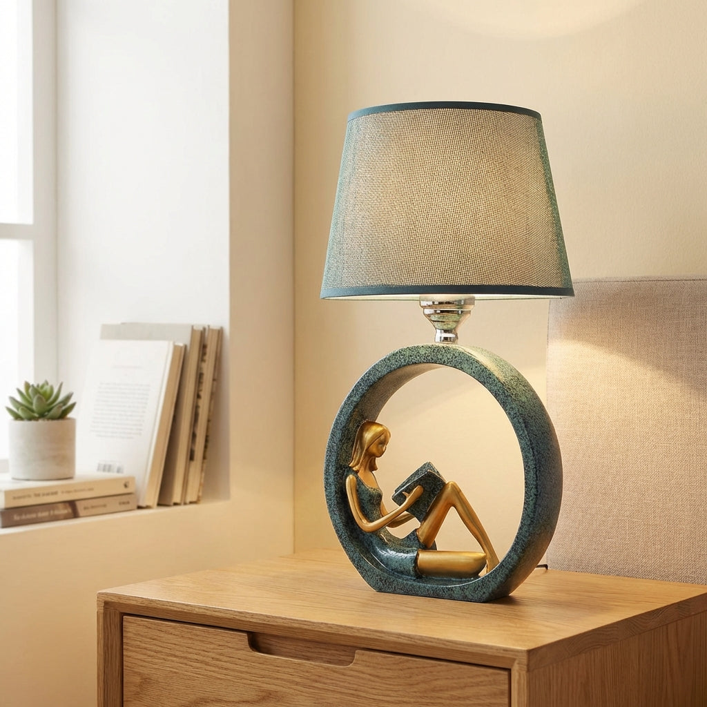 Readelle table lamp, featuring a unique sculptural girl base and warm fabric shade, perfect for bedside decor.
