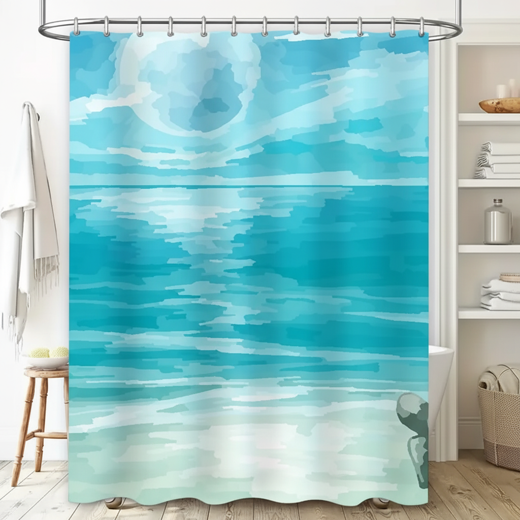 SeaBlur water-repellent shower curtain with tranquil blue watercolor design, bathroom decor