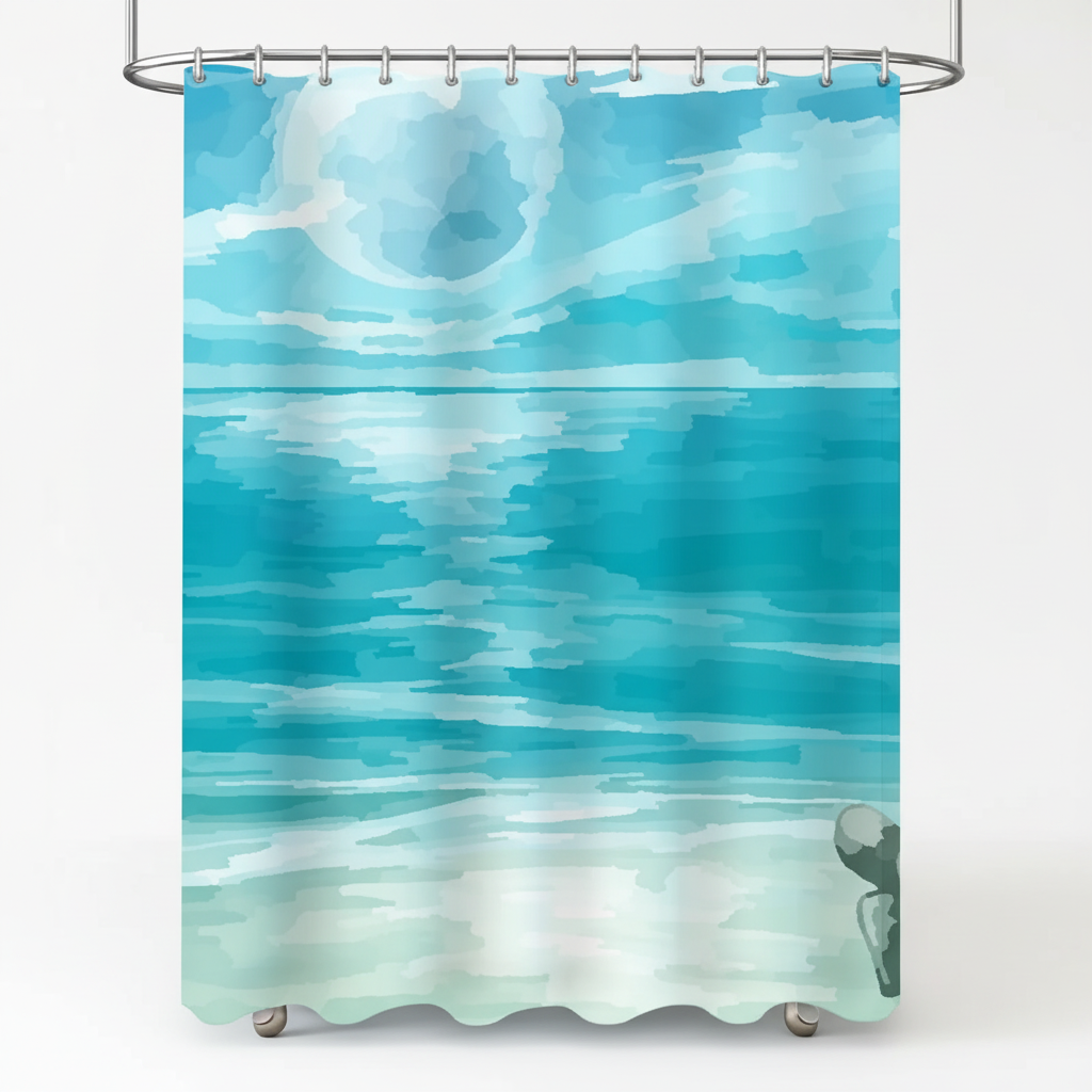Unisex SeaBlur fabric shower curtain featuring a soft blue sea watercolor pattern, home decor