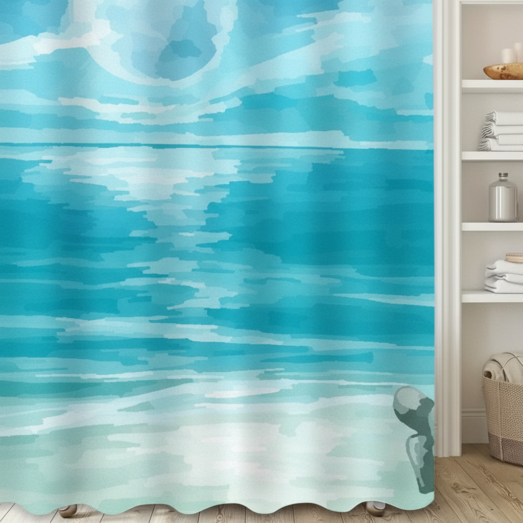 Close-up of SeaBlur water-repellent shower curtain, showing blue watercolor texture, easy clean