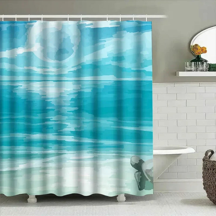 Full view of SeaBlur shower curtain, a blue watercolor design, creating a tranquil bathroom