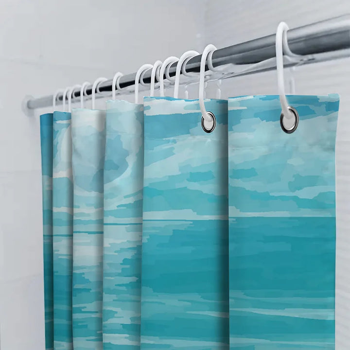 SeaBlur water-repellent bathroom curtain in blue watercolor, adding a calming sea aesthetic