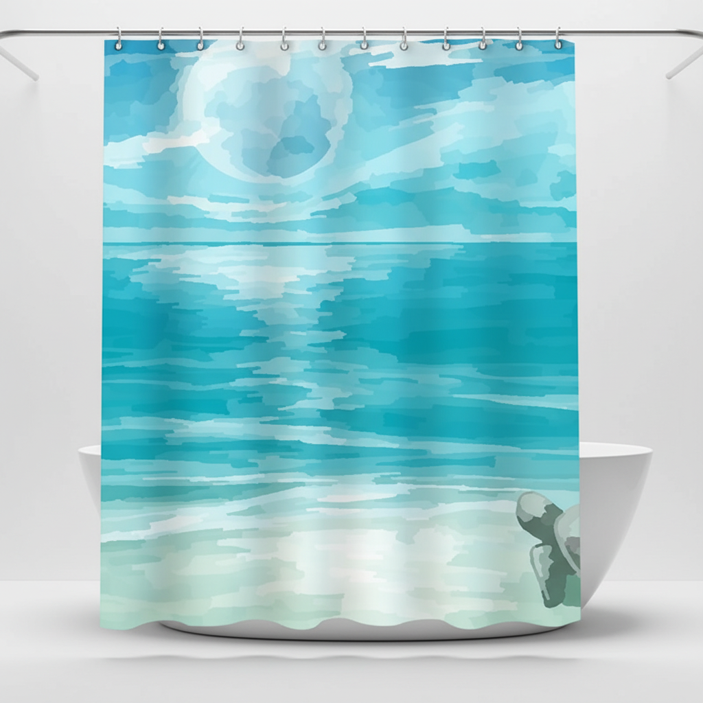 Detailed shot of the easy-clean, water-repellent SeaBlur shower curtain fabric, blue hues