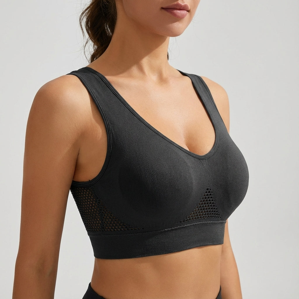 Close-up of fabric texture on Bianca seamless sports bra, activewear, breathable compression