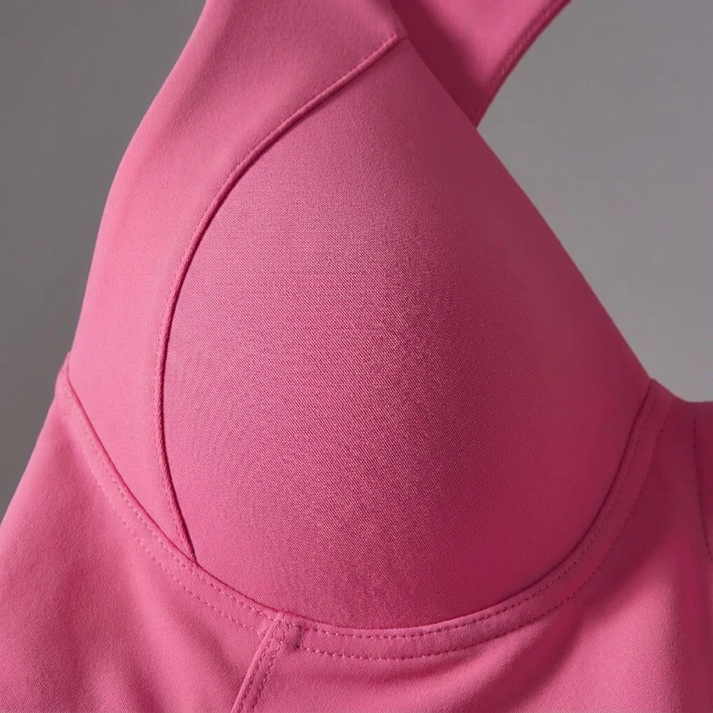 Close-up of a women's seamless padded sports bra tank top, breathable fitness apparel