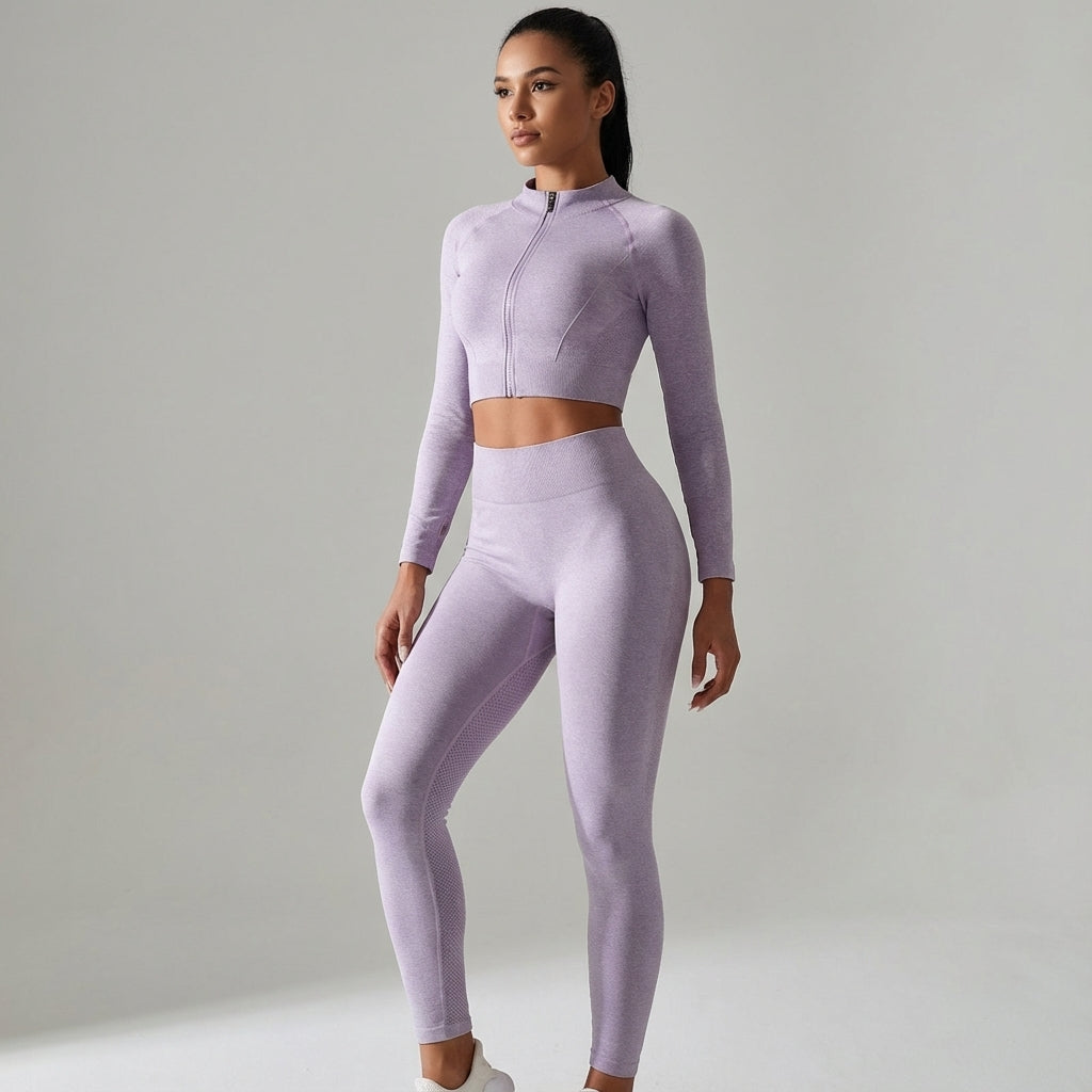 Rosie seamless workout set featuring a front-zip crop top and matching leggings for women