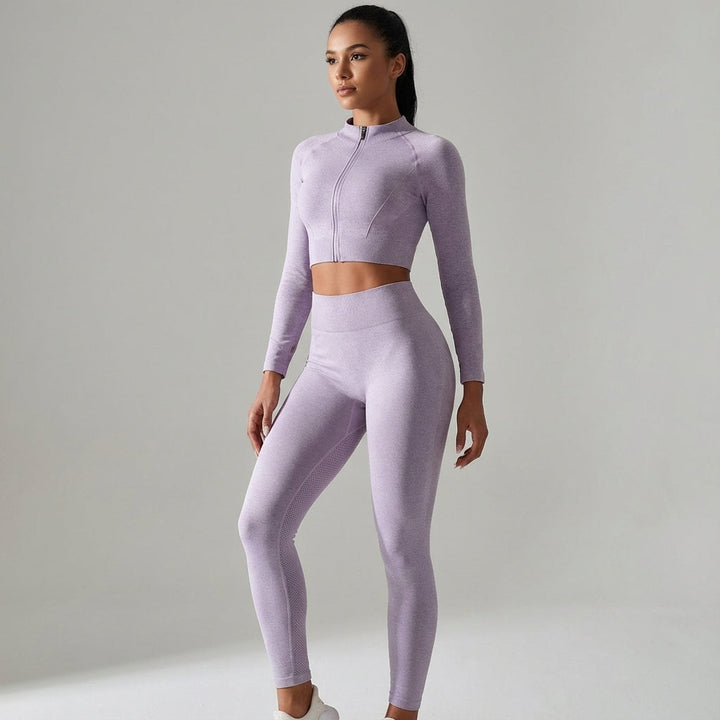 Rosie seamless workout set featuring a front-zip crop top and matching leggings for women
