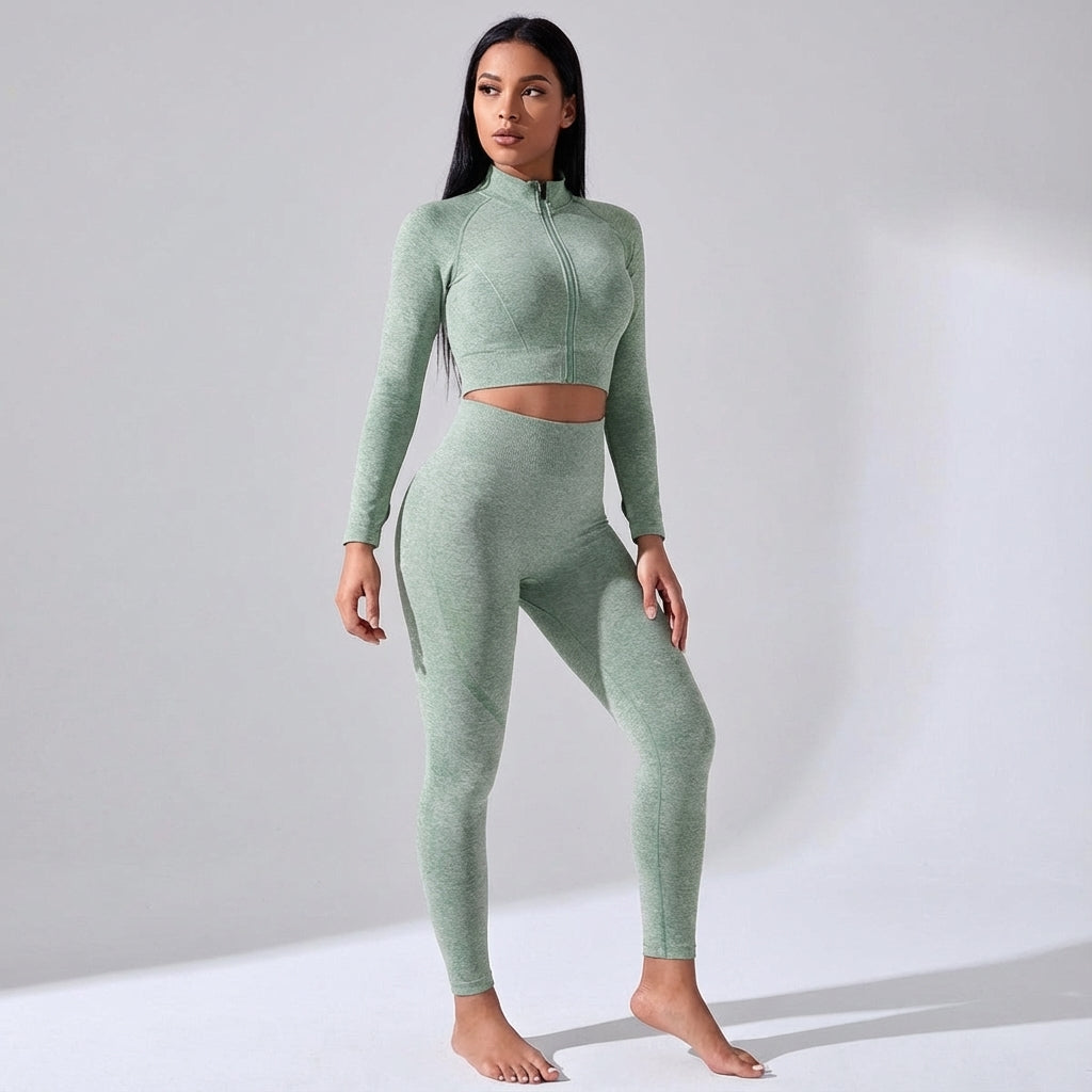 Stylish Rosie seamless gym wear: zip crop top and high-rise leggings for women
