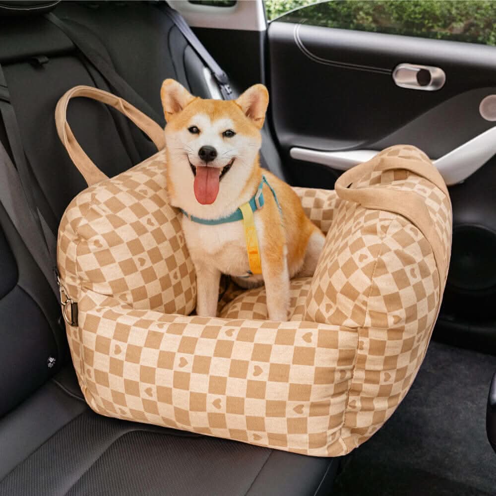 Pet car booster seat for small dogs; secure, comfortable, washable for clean and safe travel.