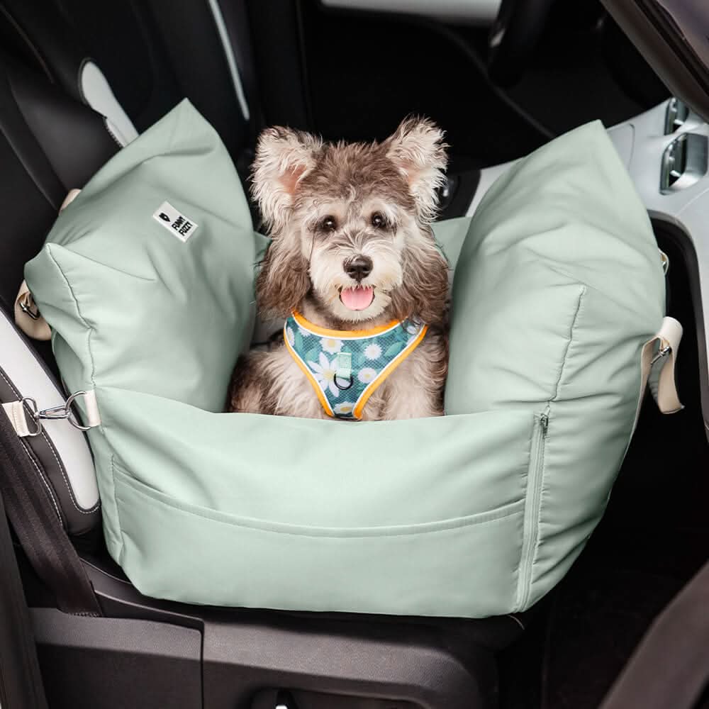 Secure dog car seat with durable fabric; comfortable pet travel bed, non-slip for car safety.