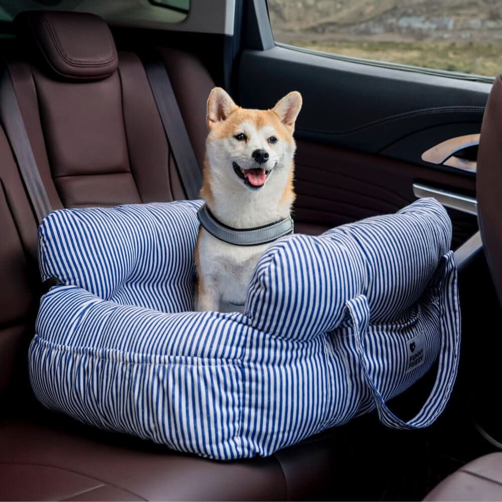 Elevated pet car booster seat, plush & comfortable; secure travel bed for happy car rides.