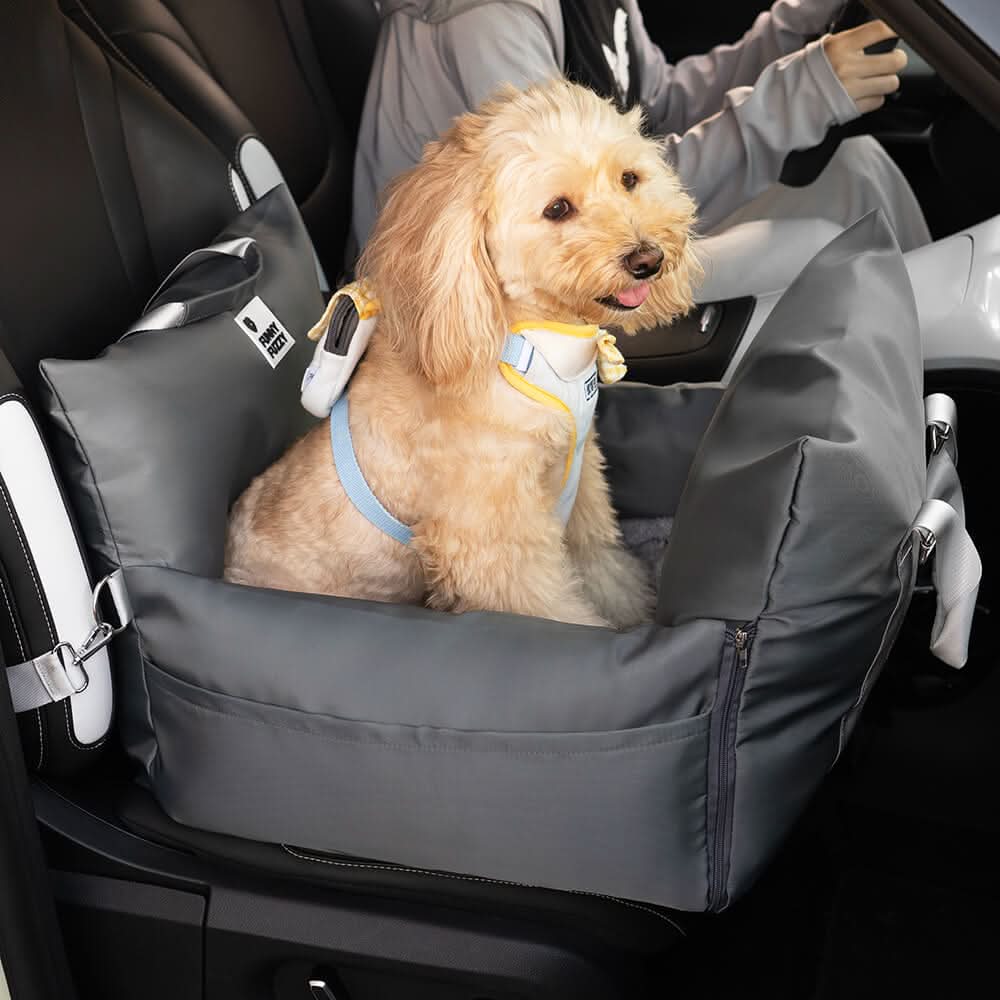 Dog safety car seat booster, secure & elevated; provides comfortable pet travel experience.
