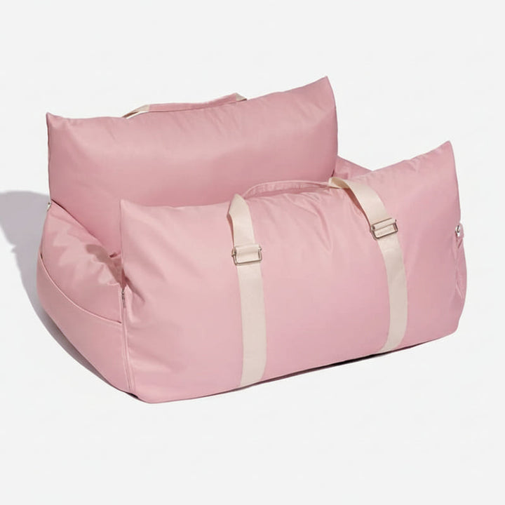 Dog car seat with high sides for comfort; secure pet booster, washable for easy care.