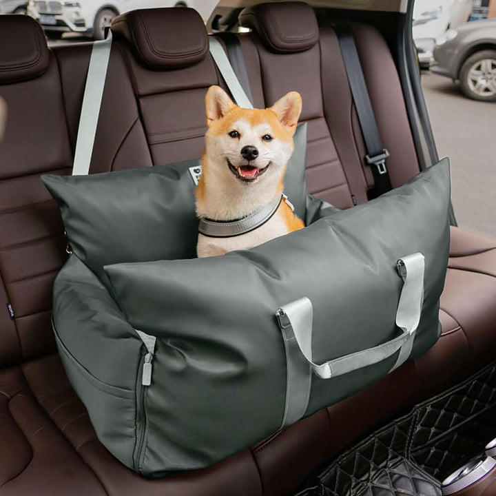 Pet travel bed & dog car seat booster; washable, secure, ensures comfortable and safe journeys.