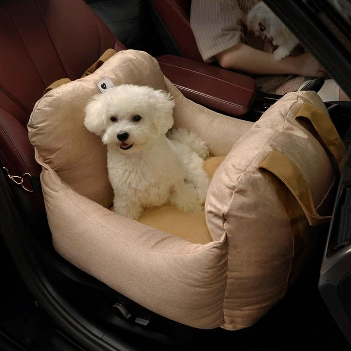 Washable dog car booster seat with non-slip base; provides comfort & safety for pet travel.