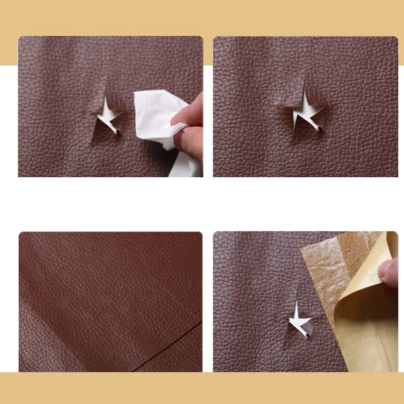 Self-adhesive leather repair patch for couches, chairs, car interiors, and other upholstery.