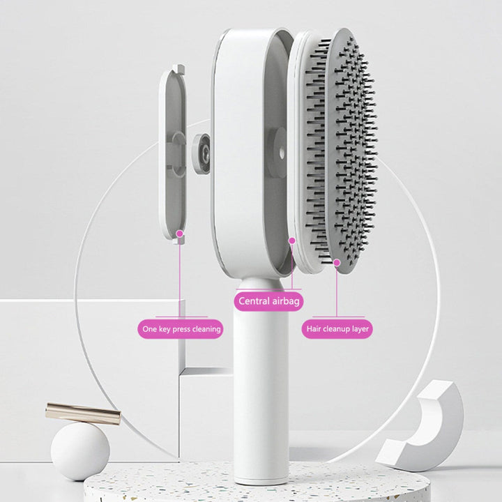 Innovative self-cleaning hair brush quickly detangles all hair types, wet or dry. A must-have beauty tool.