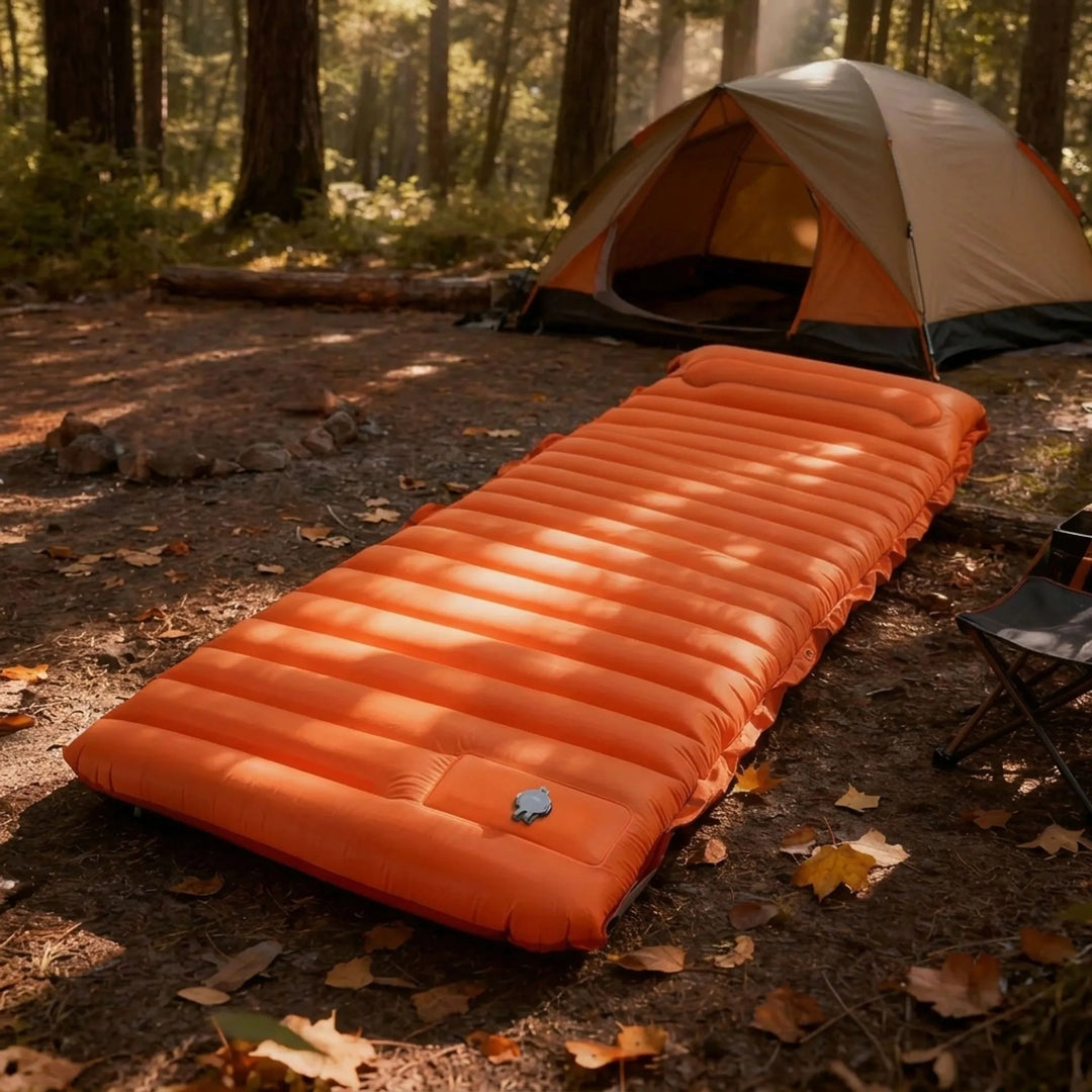 Self-inflating camping sleeping pad in olive green, providing ultimate outdoor comfort & portable bedding.
