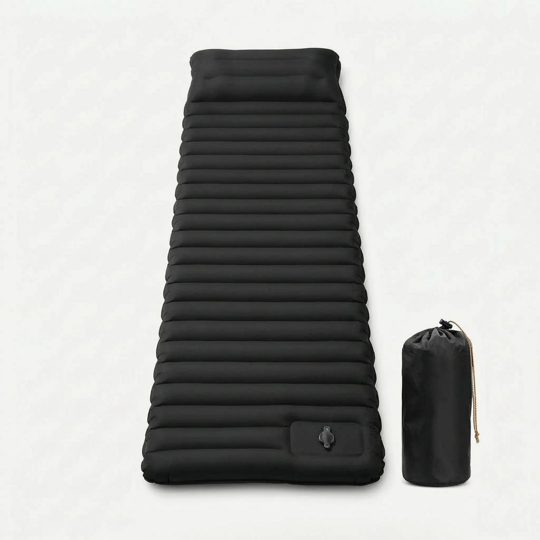 Self-inflating camping sleeping pad unrolling automatically, demonstrating quick & effortless setup for campers.