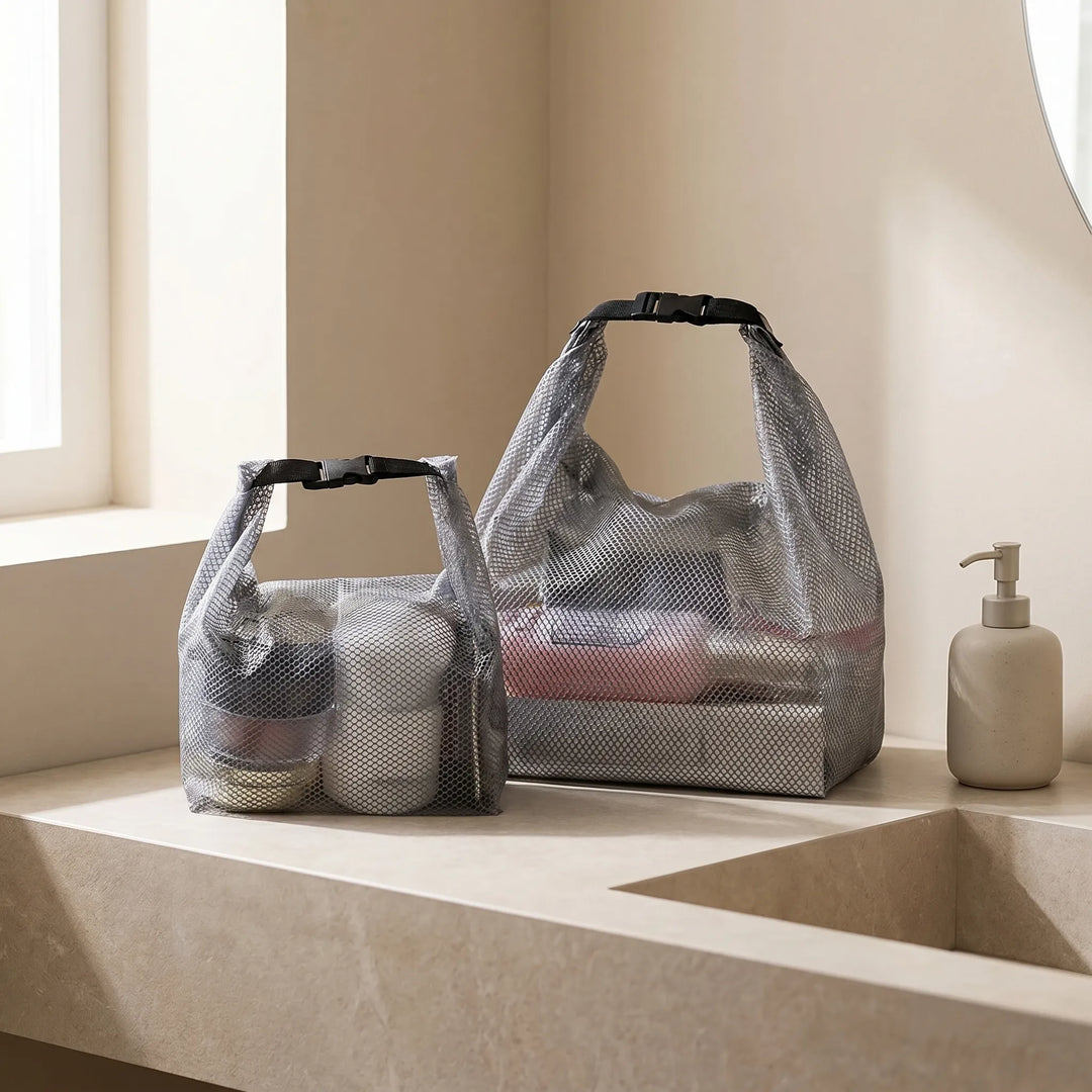 Semi-transparent travel storage bag. Easily see toiletries & cosmetics. Water-repellent clear organizer for packing.