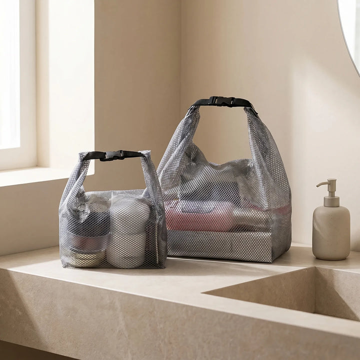 Semi-transparent travel storage bag. Easily see toiletries & cosmetics. Water-repellent clear organizer for packing.