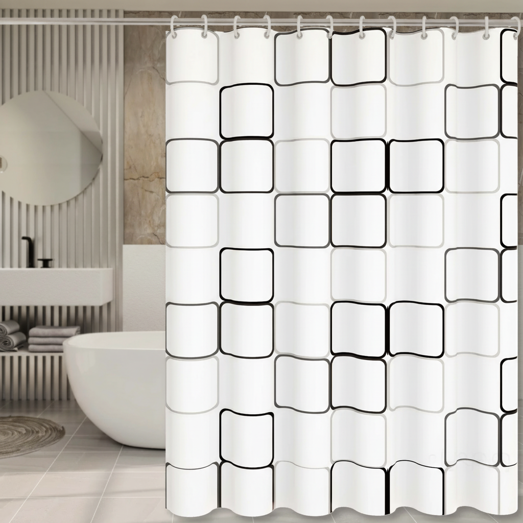 Semi-transparent waterproof shower curtain HydroCurtix with a subtle checked pattern, ideal for a modern bathroom.