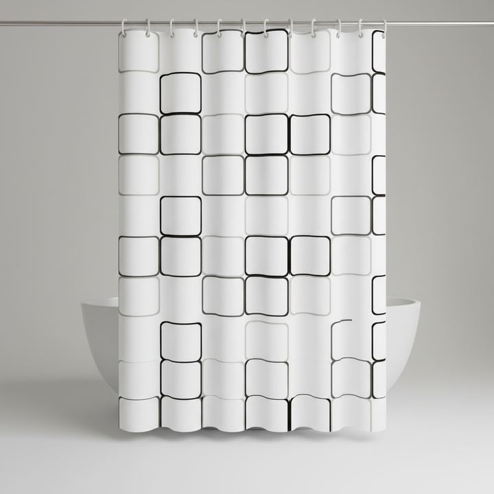 Minimalist semi-transparent shower curtain with a subtle grid pattern, enhancing any contemporary bathroom space.