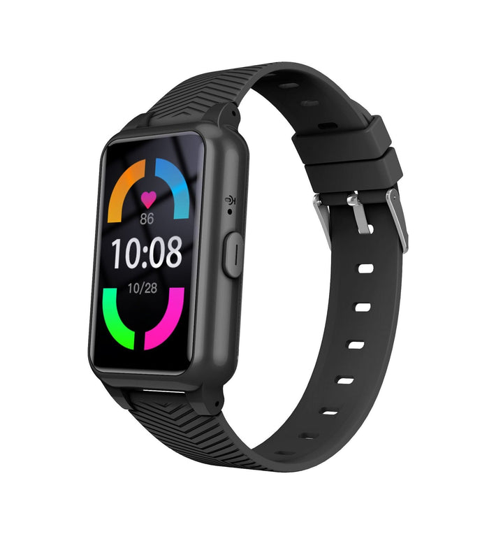 Close-up of seniors' GPS smartwatch screen showing time & battery, with fall detection & SOS.