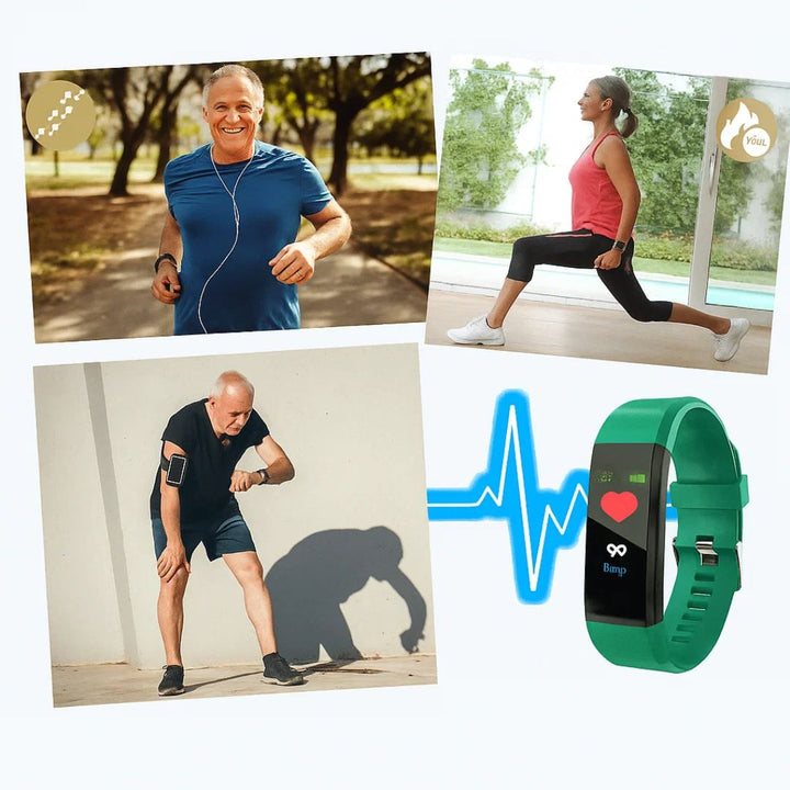 Health monitoring smartwatch for seniors, tracking heart rate, steps & sleep. Vital signs monitor.