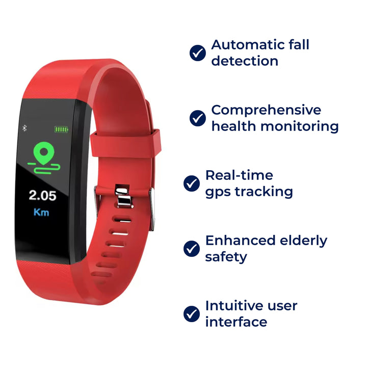 Smartwatch for seniors with fall detection, heart rate monitoring, and GPS for safety and health.