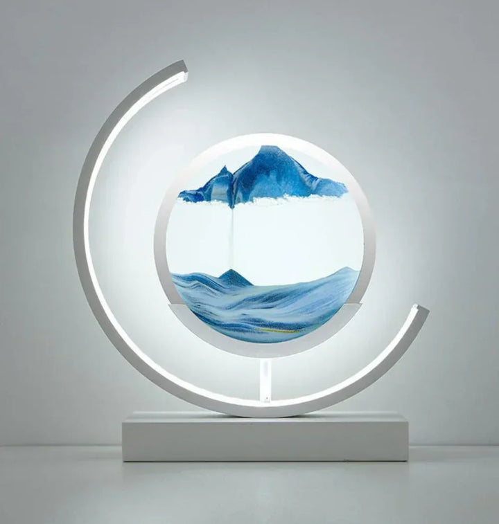 Close-up of Serenova Moving Sand Art Lamp, showcasing intricate sand patterns and soft ambient lighting.