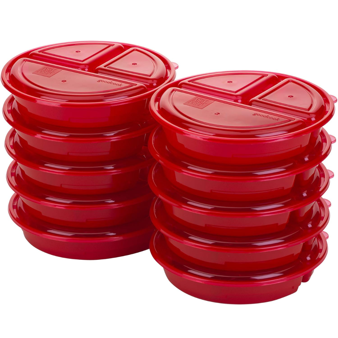 Set of 10 round BPA-free meal prep containers for food storage & portion control. Reusable & healthy.