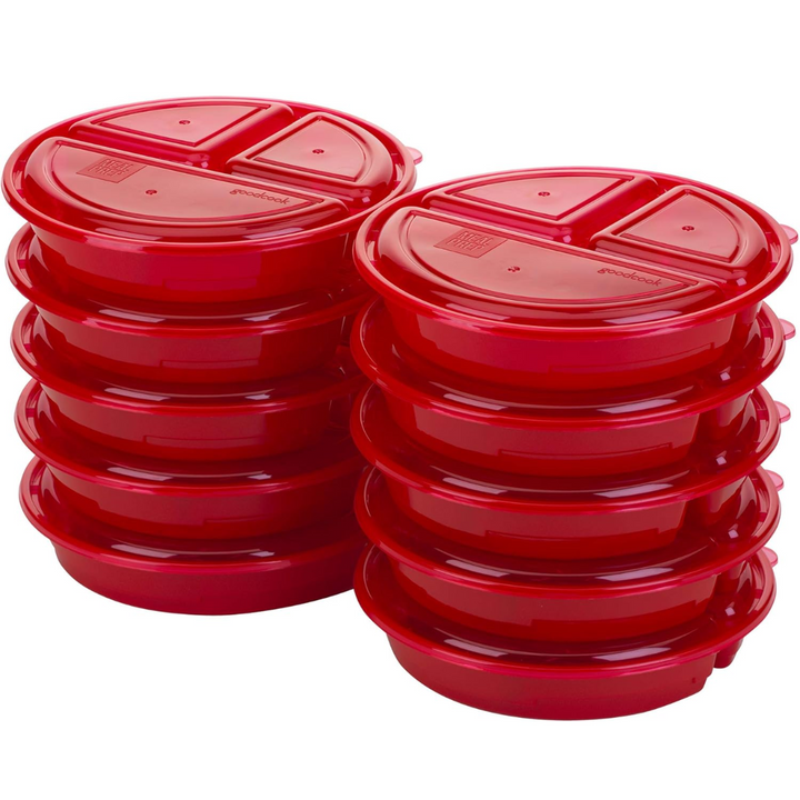 Set of 10 round BPA-free meal prep containers for food storage & portion control. Reusable & healthy.