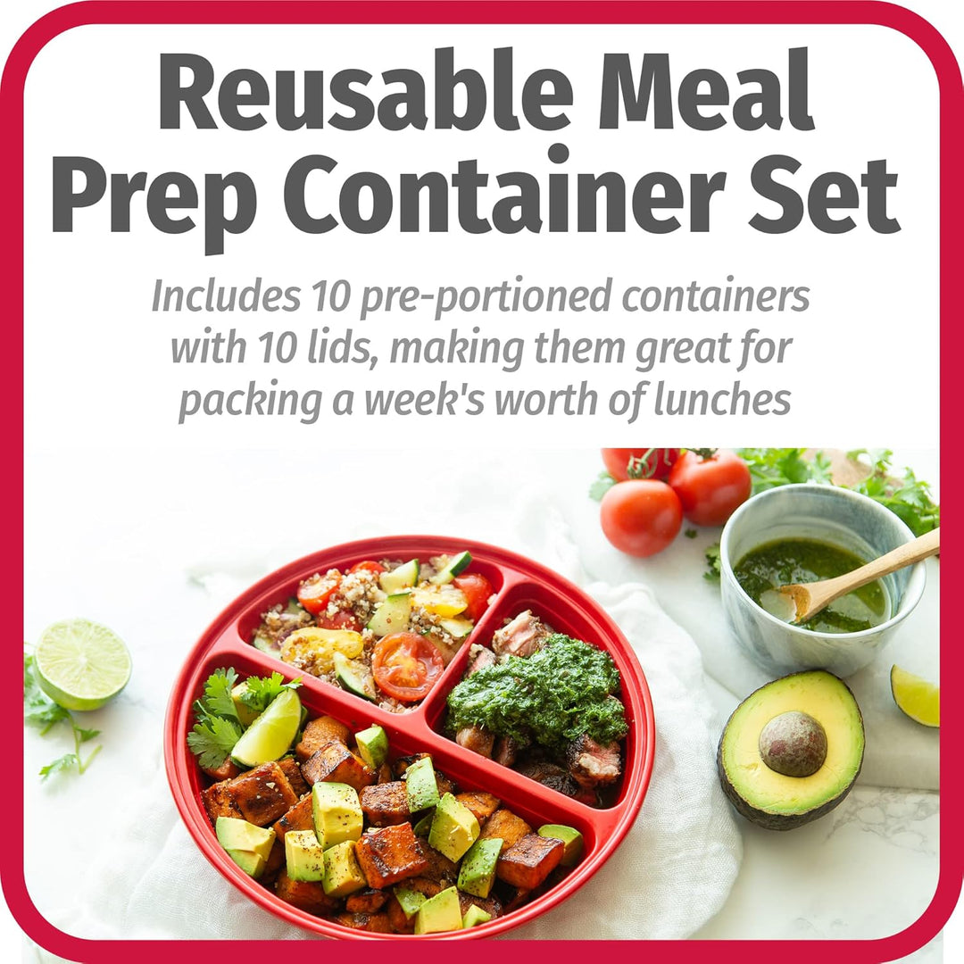Reusable BPA-free meal prep containers, round and stackable. Set of 10 for easy food storage & lunch.