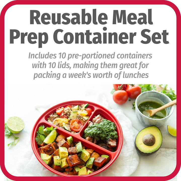 Reusable BPA-free meal prep containers, round and stackable. Set of 10 for easy food storage & lunch.
