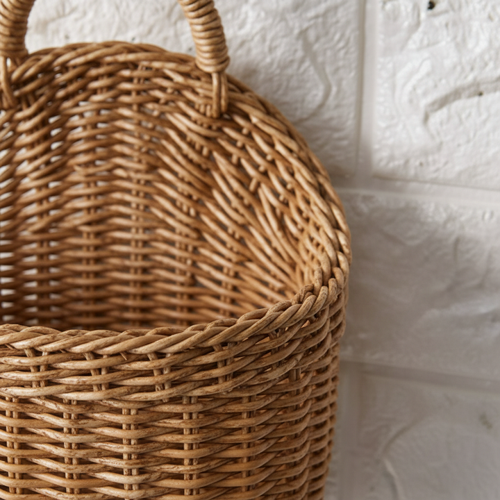 Rustic handwoven storage baskets with handles, ideal for decluttering and decorative display