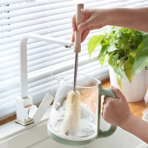 Set of 3 long-handled wooden bottle cleaning brushes, ideal for kitchen jar and drinkware cleaner.